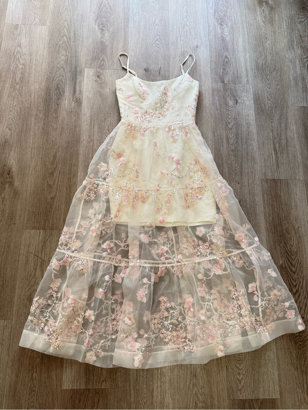 helsi adela white & pink 3d floral sequin embroidered mesh midi dress size XS
